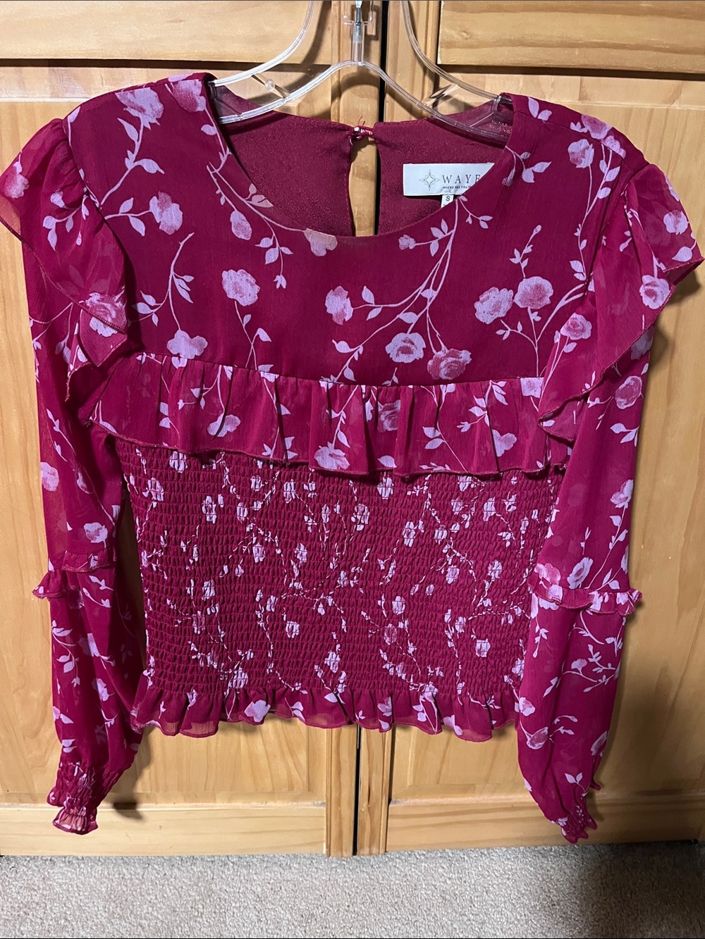 Wayf Plum Floral Smocked Ruffle Long Sleeve Top